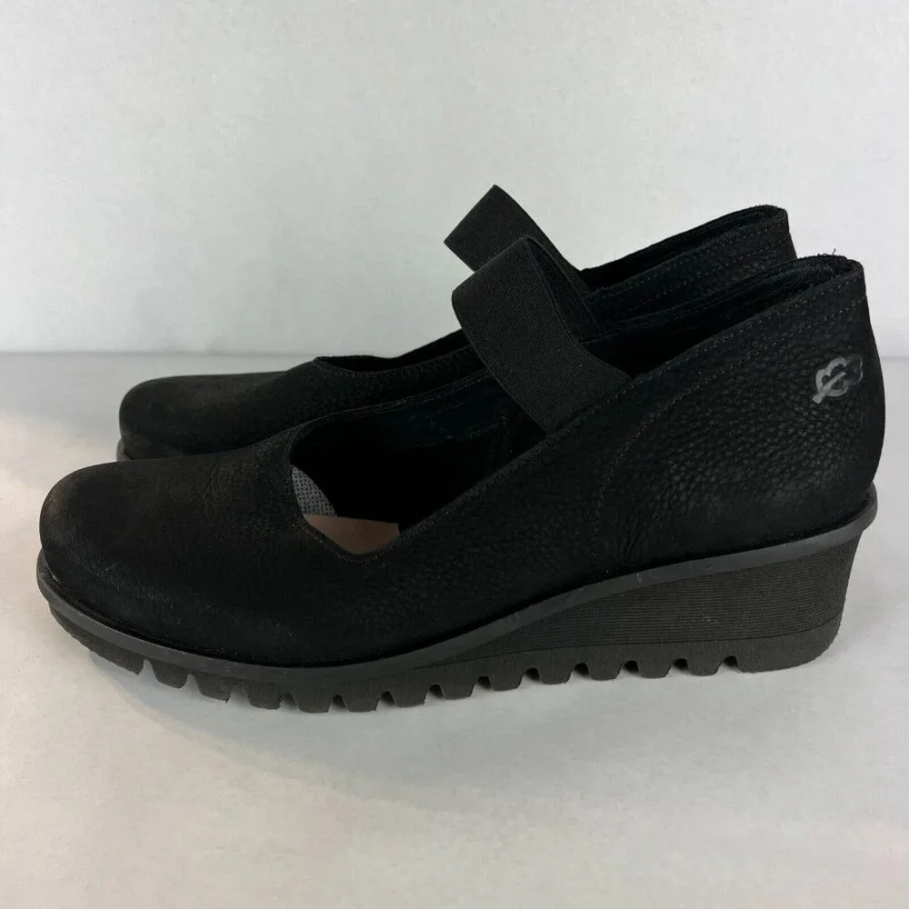 Loints Of Holland Maryjane Shoes Womens 41 9.5 10 Black‎ Wedge Pebbled Leather